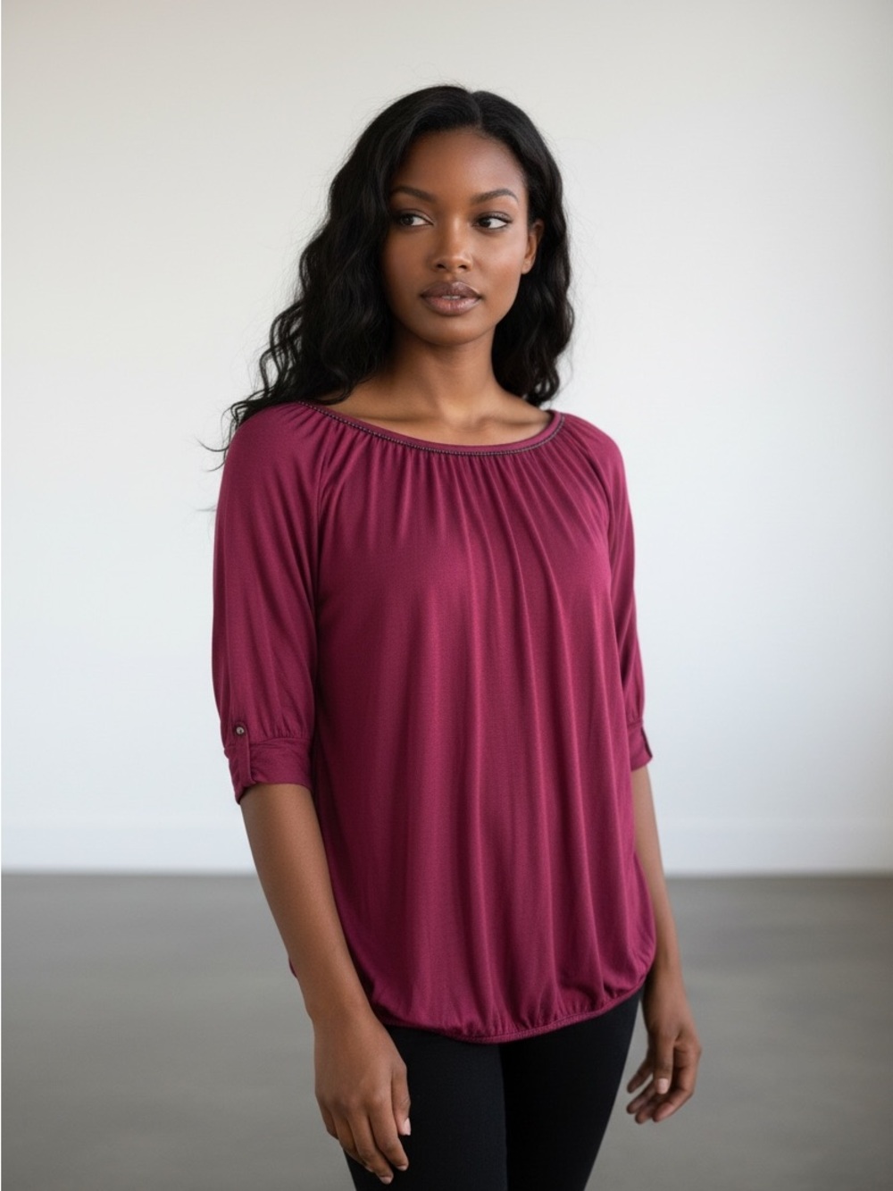 Dex Oversized Relaxed Scoop Neck Three-Quarter Sleeve Top - Berry